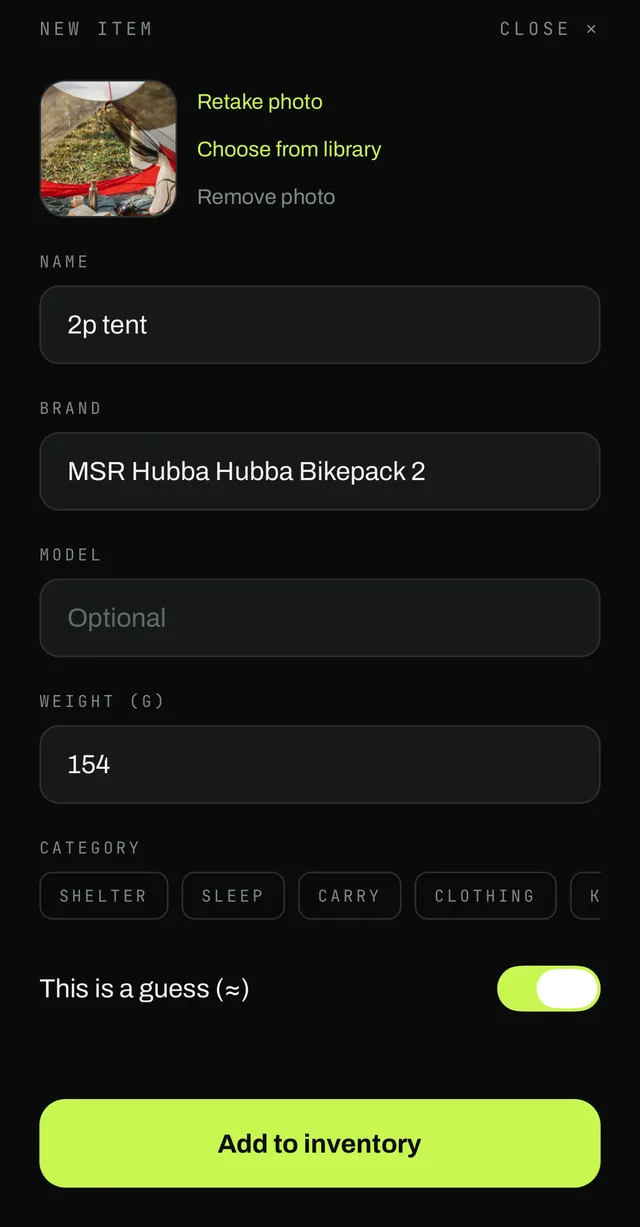 The manual add-item form, pre-filled with a name, brand, weight and category, ready to edit by hand