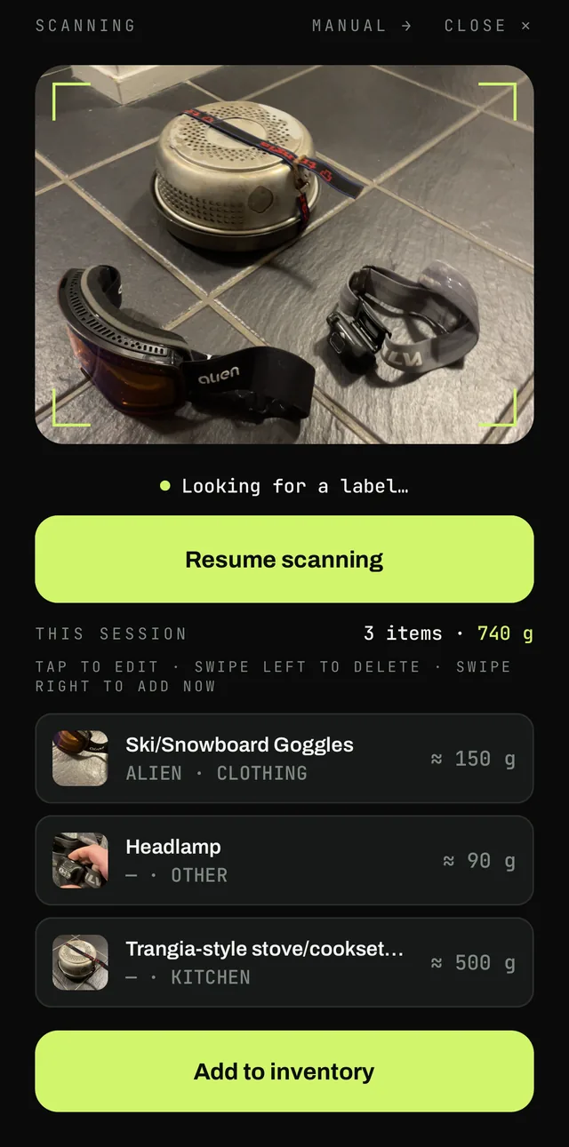 A FeatherPack scan session showing ski goggles, a headlamp and a stove all recognized in one pass, totaling 740 g